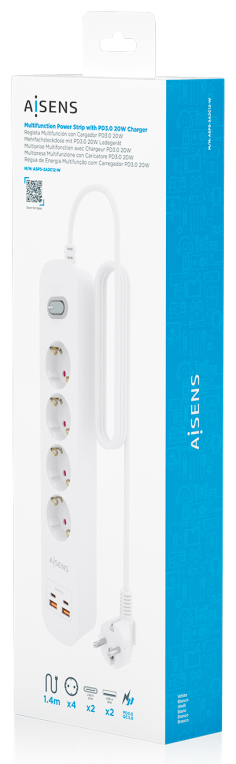 REGLETA ENCHUFES AISENS MULTIFUNCION 4 TOMAS+2xUSB-C 2xUSB-A 1.4M BLANCO - detalle
