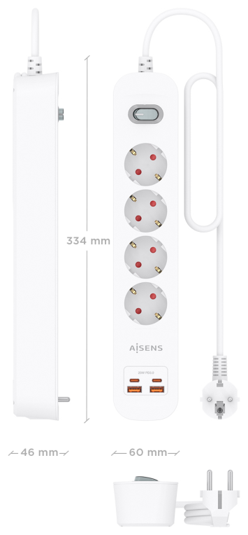 REGLETA ENCHUFES AISENS MULTIFUNCION 4 TOMAS+2xUSB-C 2xUSB-A 1.4M BLANCO - detalle