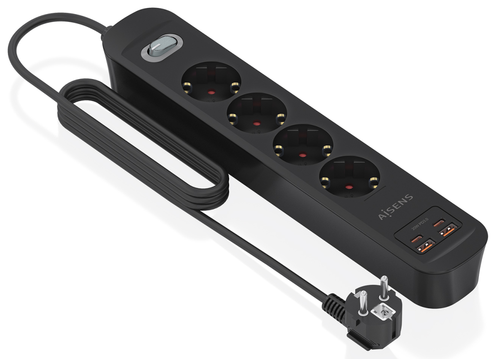 REGLETA ENCHUFES AISENS MULTIFUNCION 4 TOMAS+2xUSB-C 2xUSB-A 1.4M NEGRO - detalle