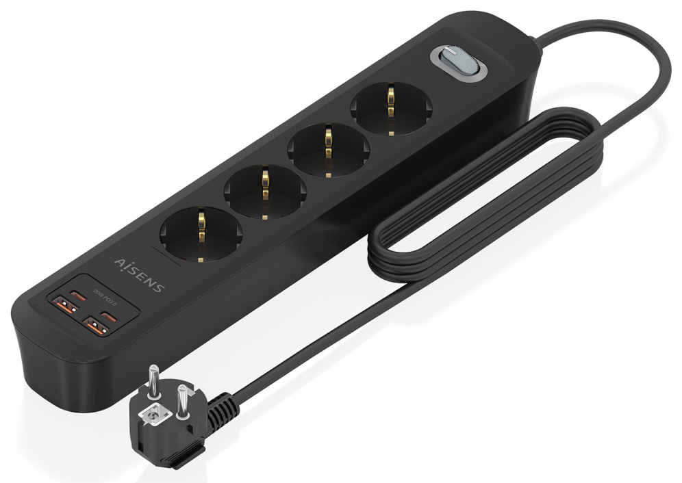REGLETA ENCHUFES AISENS MULTIFUNCION 4 TOMAS+2xUSB-C 2xUSB-A 1.4M NEGRO