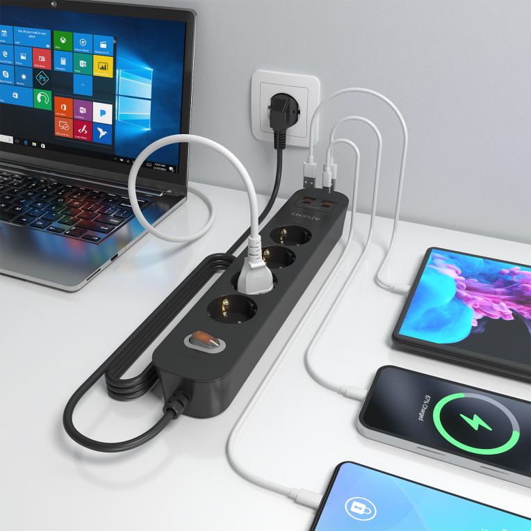 REGLETA ENCHUFES AISENS MULTIFUNCION 4 TOMAS+2xUSB-C 2xUSB-A 1.4M NEGRO - detalle
