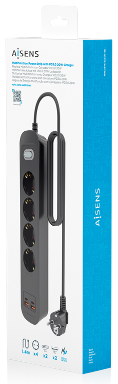 REGLETA ENCHUFES AISENS MULTIFUNCION 4 TOMAS+2xUSB-C 2xUSB-A 1.4M NEGRO - detalle