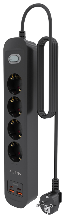 REGLETA ENCHUFES AISENS MULTIFUNCION 4 TOMAS+2xUSB-C 2xUSB-A 1.4M NEGRO - detalle