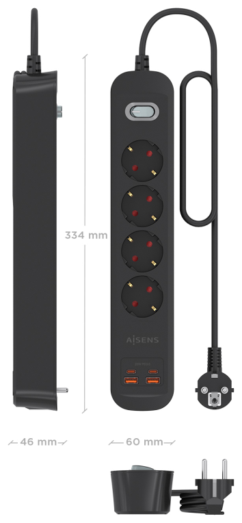 REGLETA ENCHUFES AISENS MULTIFUNCION 4 TOMAS+2xUSB-C 2xUSB-A 1.4M NEGRO - detalle