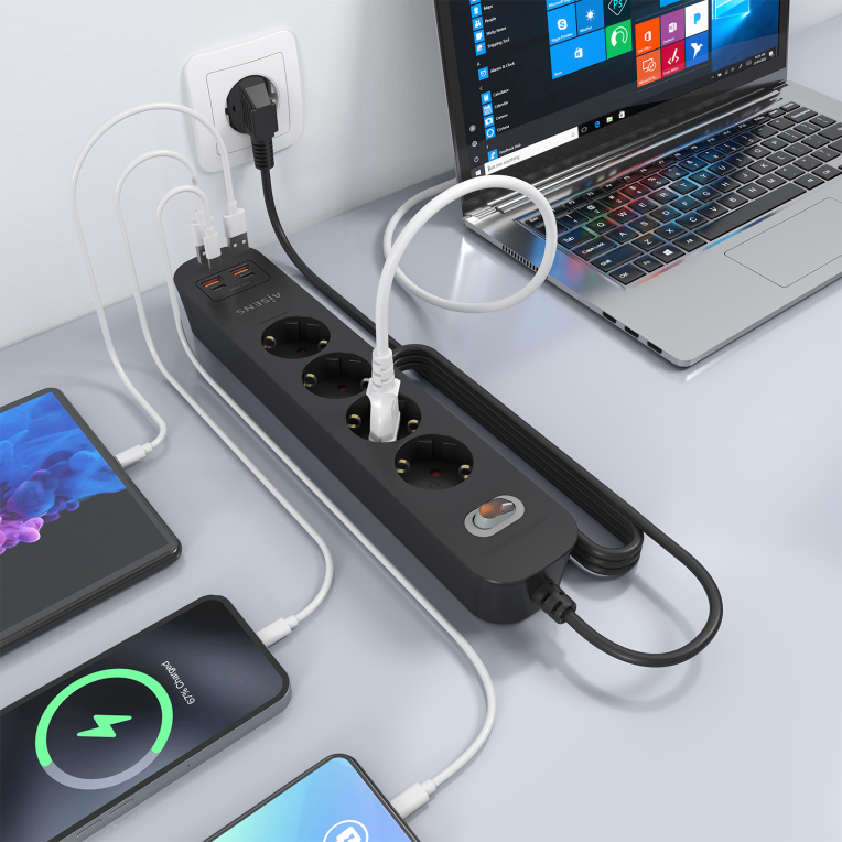 REGLETA ENCHUFES AISENS MULTIFUNCION 4 TOMAS+2xUSB-C 2xUSB-A 1.4M NEGRO - detalle
