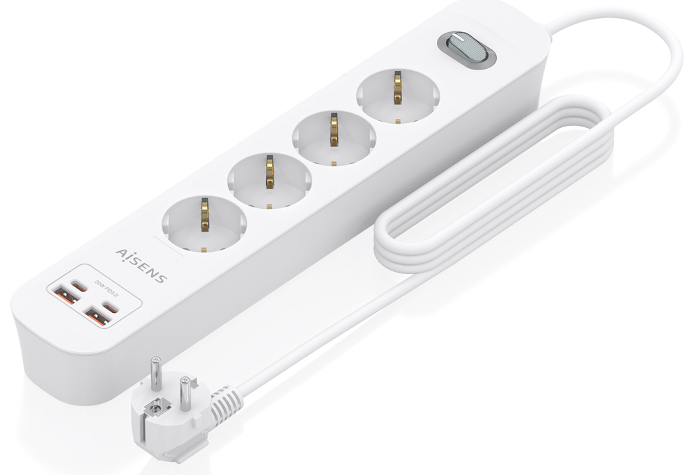 AISENS Regleta de Enchufes Multifuncion con 4 Tomas + Cargador PD3.0 20W 2xUSB-C. 2xUSB-A. 1.4m. Blanco