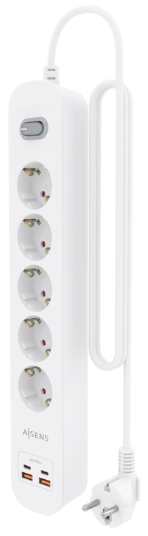 REGLETA ENCHUFES AISENS MULTIFUNCION 5 TOMAS+2xUSB-C 2xUSB-A 1.4M BLANCO - detalle