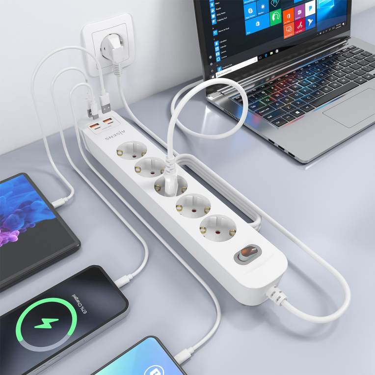 REGLETA ENCHUFES AISENS MULTIFUNCION 5 TOMAS+2xUSB-C 2xUSB-A 1.4M BLANCO - detalle