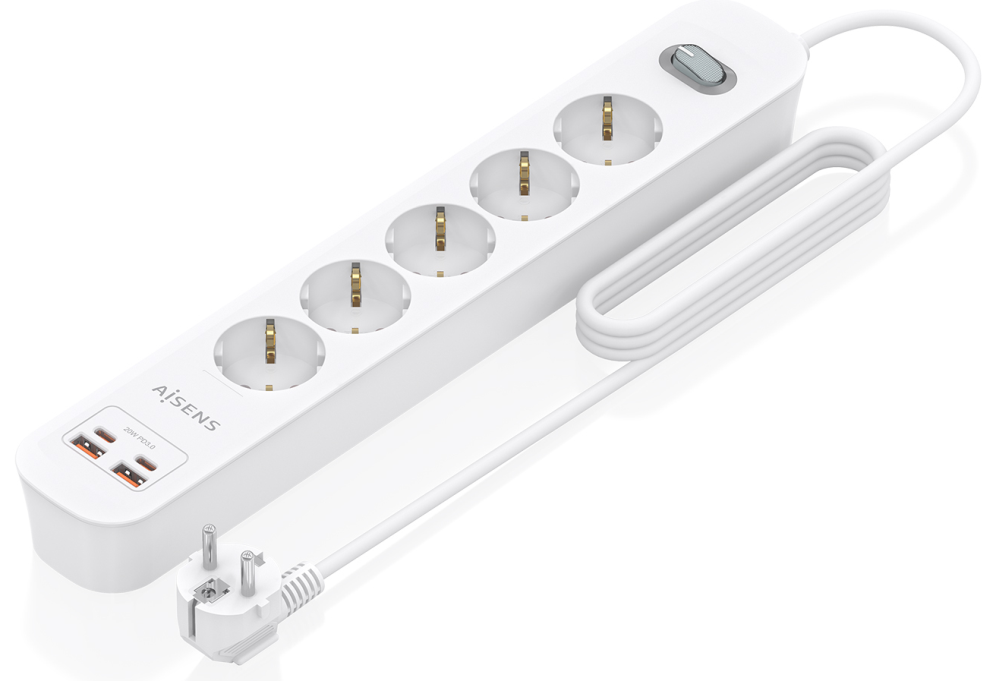 REGLETA ENCHUFES AISENS MULTIFUNCION 5 TOMAS+2xUSB-C 2xUSB-A 1.4M BLANCO
