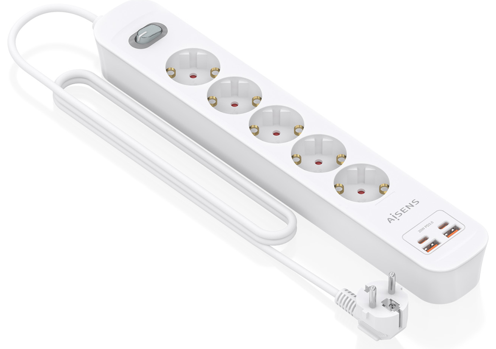 REGLETA ENCHUFES AISENS MULTIFUNCION 5 TOMAS+2xUSB-C 2xUSB-A 1.4M BLANCO - detalle