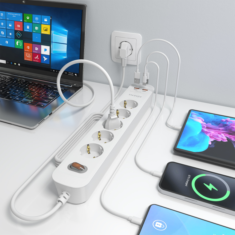 REGLETA ENCHUFES AISENS MULTIFUNCION 5 TOMAS+2xUSB-C 2xUSB-A 1.4M BLANCO - detalle