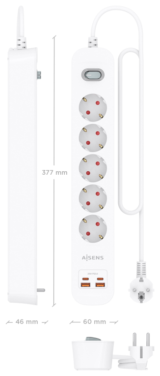REGLETA ENCHUFES AISENS MULTIFUNCION 5 TOMAS+2xUSB-C 2xUSB-A 1.4M BLANCO - detalle