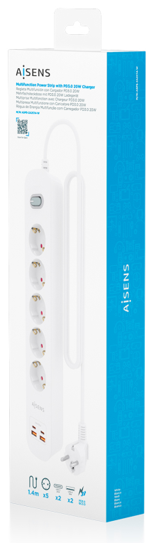 REGLETA ENCHUFES AISENS MULTIFUNCION 5 TOMAS+2xUSB-C 2xUSB-A 1.4M BLANCO - detalle