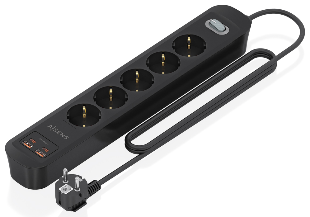 REGLETA ENCHUFES AISENS MULTIFUNCION 5 TOMAS+2xUSB-C 2xUSB-A 1.4M NEGRO