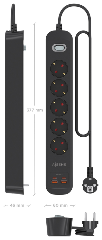 REGLETA ENCHUFES AISENS MULTIFUNCION 5 TOMAS+2xUSB-C 2xUSB-A 1.4M NEGRO - detalle