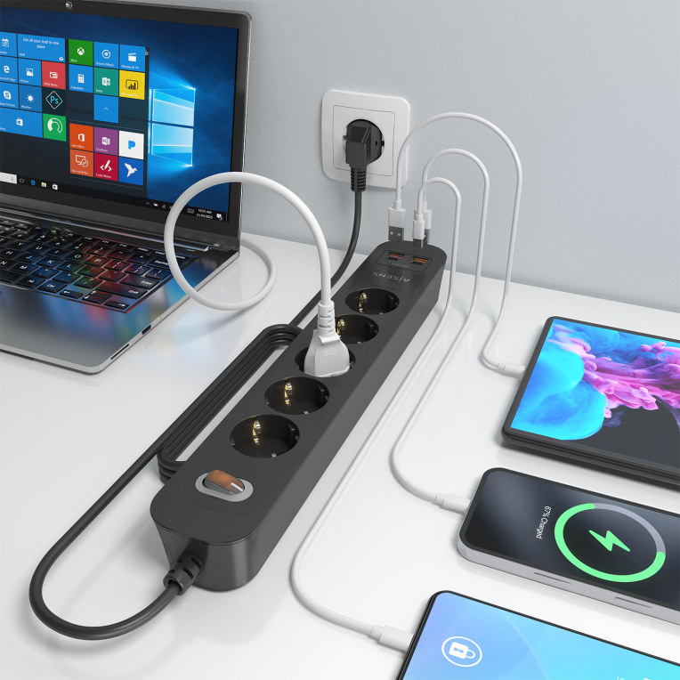 REGLETA ENCHUFES AISENS MULTIFUNCION 5 TOMAS+2xUSB-C 2xUSB-A 1.4M NEGRO - detalle