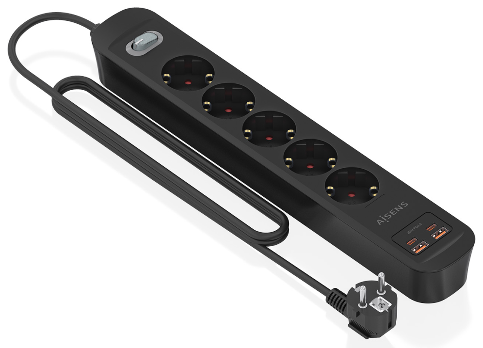 REGLETA ENCHUFES AISENS MULTIFUNCION 5 TOMAS+2xUSB-C 2xUSB-A 1.4M NEGRO - detalle