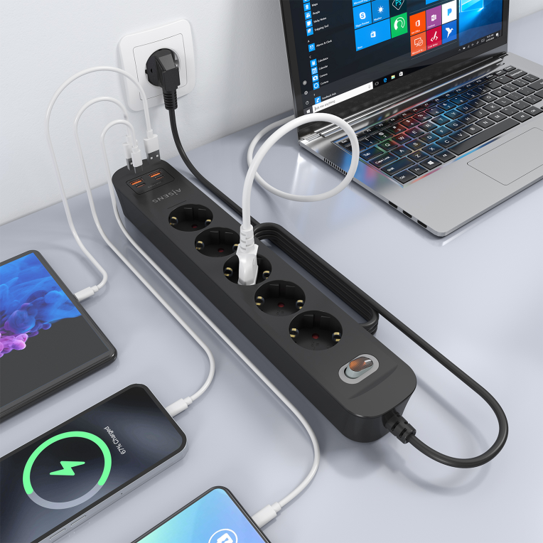 REGLETA ENCHUFES AISENS MULTIFUNCION 5 TOMAS+2xUSB-C 2xUSB-A 1.4M NEGRO - detalle