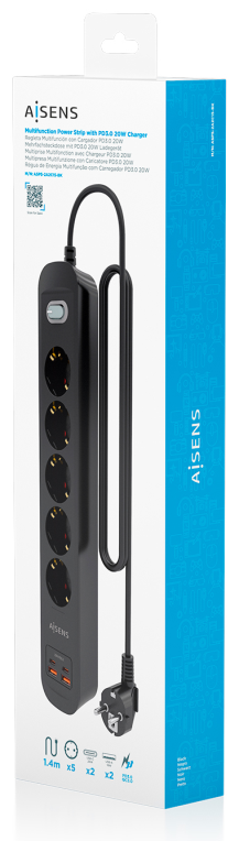 REGLETA ENCHUFES AISENS MULTIFUNCION 5 TOMAS+2xUSB-C 2xUSB-A 1.4M NEGRO - detalle