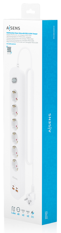 REGLETA ENCHUFES AISENS MULTIFUNCION 6 TOMAS+2xUSB-C 2xUSB-A 1.4M BLANCO - detalle