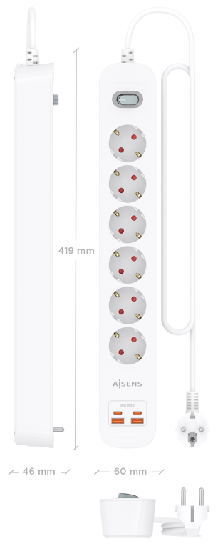 REGLETA ENCHUFES AISENS MULTIFUNCION 6 TOMAS+2xUSB-C 2xUSB-A 1.4M BLANCO - detalle