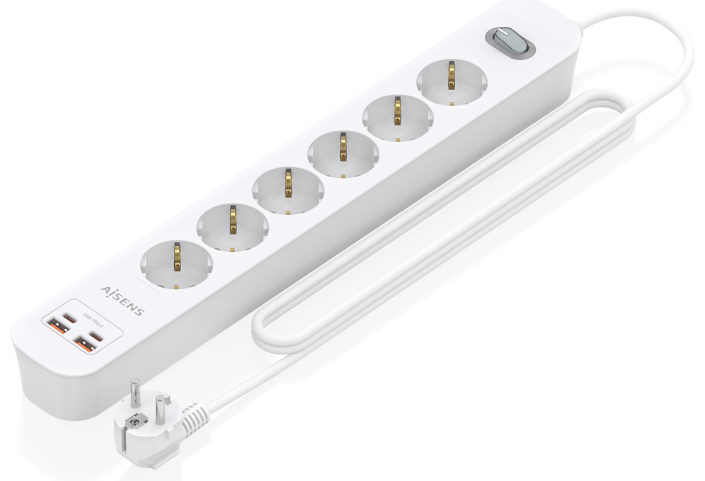 REGLETA ENCHUFES AISENS MULTIFUNCION 6 TOMAS+2xUSB-C 2xUSB-A 1.4M BLANCO