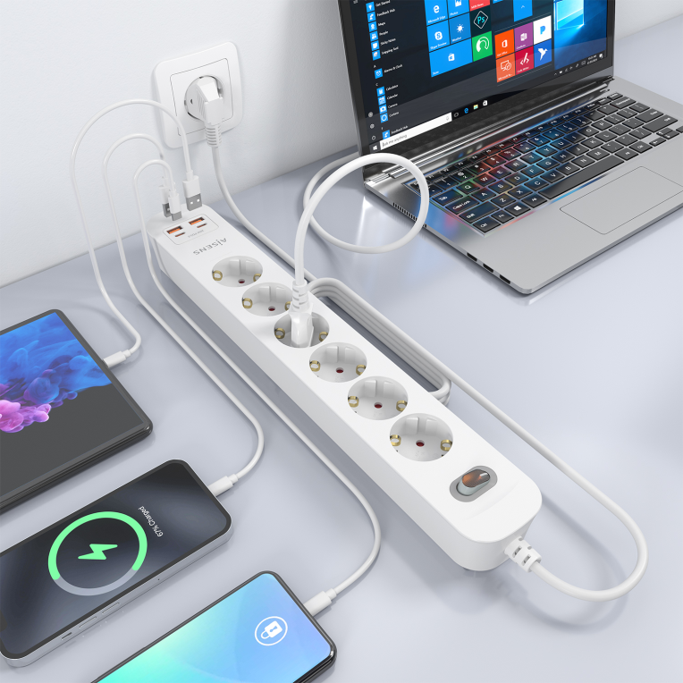 REGLETA ENCHUFES AISENS MULTIFUNCION 6 TOMAS+2xUSB-C 2xUSB-A 1.4M BLANCO - detalle