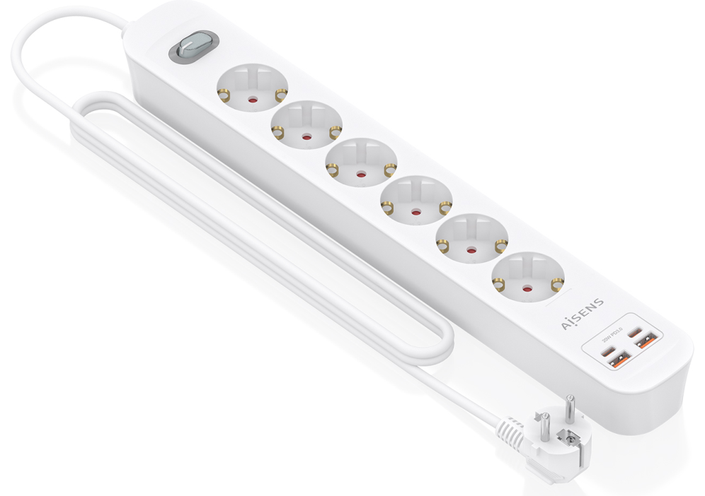 REGLETA ENCHUFES AISENS MULTIFUNCION 6 TOMAS+2xUSB-C 2xUSB-A 1.4M BLANCO - detalle