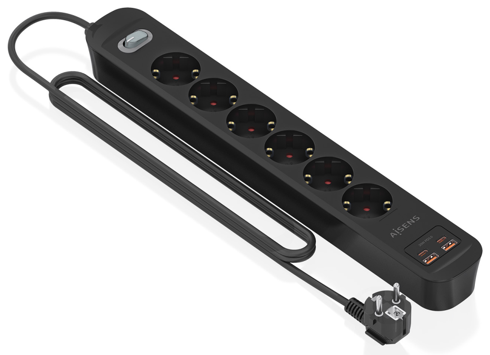 REGLETA ENCHUFES AISENS MULTIFUNCION 6 TOMAS+2xUSB-C 2xUSB-A 1.4M NEGRO - detalle