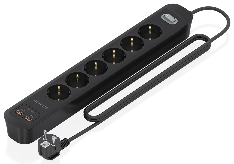 REGLETA ENCHUFES AISENS MULTIFUNCION 6 TOMAS+2xUSB-C 2xUSB-A 1.4M NEGRO