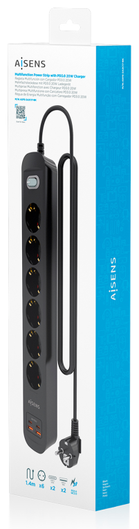 REGLETA ENCHUFES AISENS MULTIFUNCION 6 TOMAS+2xUSB-C 2xUSB-A 1.4M NEGRO - detalle