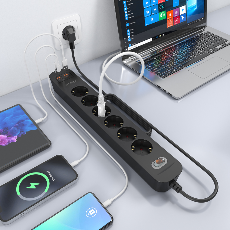 REGLETA ENCHUFES AISENS MULTIFUNCION 6 TOMAS+2xUSB-C 2xUSB-A 1.4M NEGRO - detalle