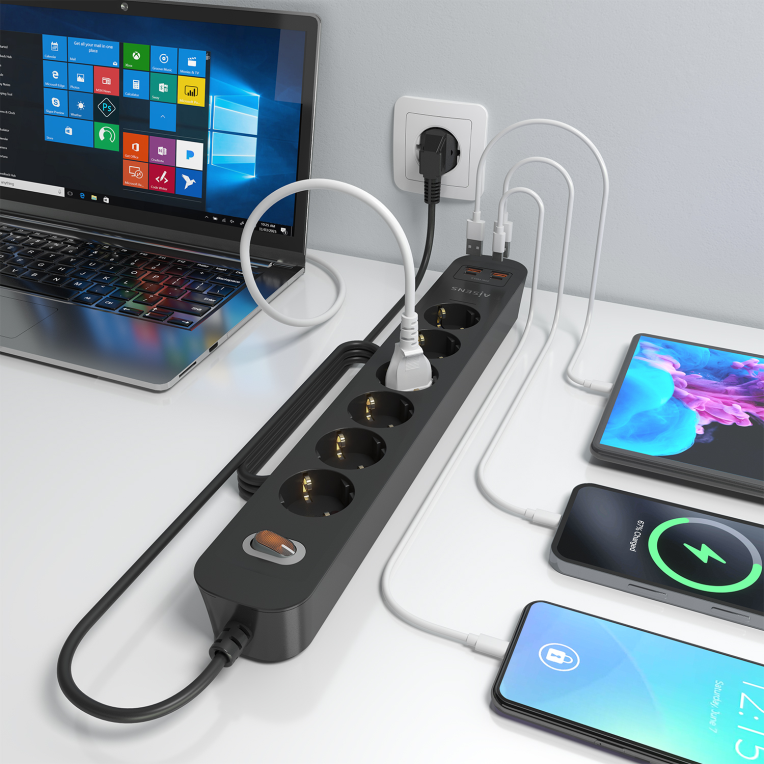 REGLETA ENCHUFES AISENS MULTIFUNCION 6 TOMAS+2xUSB-C 2xUSB-A 1.4M NEGRO - detalle