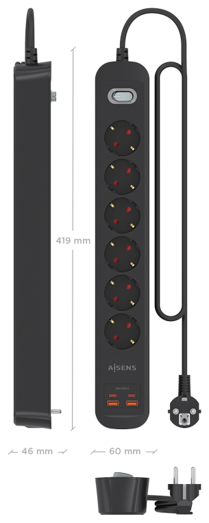 REGLETA ENCHUFES AISENS MULTIFUNCION 6 TOMAS+2xUSB-C 2xUSB-A 1.4M NEGRO - detalle