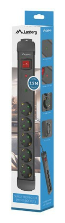 REGLETA LANBERG SP1 5 TOMAS SCHUKO PROTECCION HASTA 2500W NEGRA 1.5M - detalle