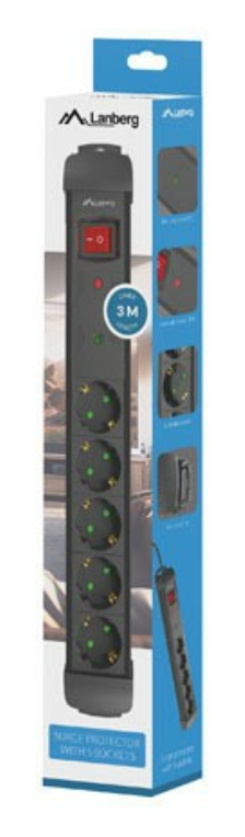 REGLETA LANBERG SP1 5 TOMAS SCHUKO PROTECCION HASTA 2500W NEGRA 3M - detalle