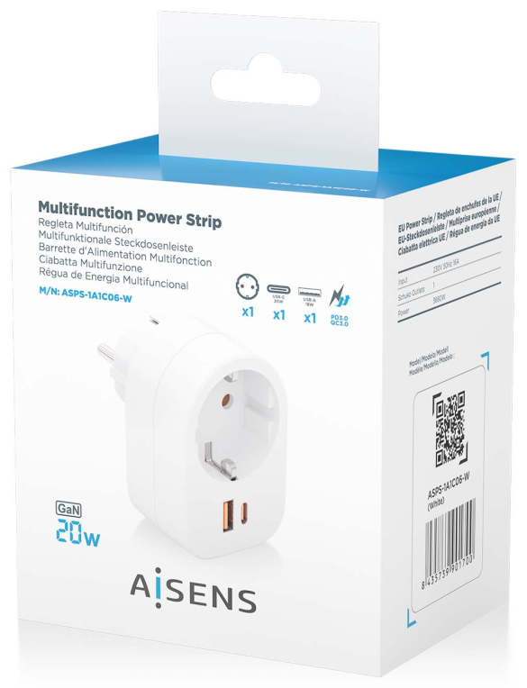 REGLETA PARED AISENS 1 TOMA USB-C 20W PD3.0 USB-A 20W QC3.0 BLANCO - detalle