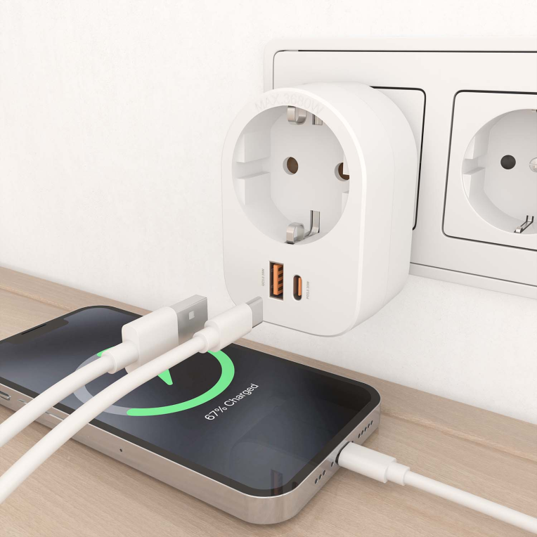 REGLETA PARED AISENS 1 TOMA USB-C 20W PD3.0 USB-A 20W QC3.0 BLANCO - detalle