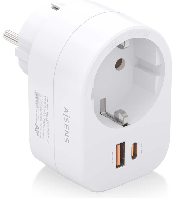 REGLETA PARED AISENS 1 TOMA USB-C 20W PD3.0 USB-A 20W QC3.0 BLANCO