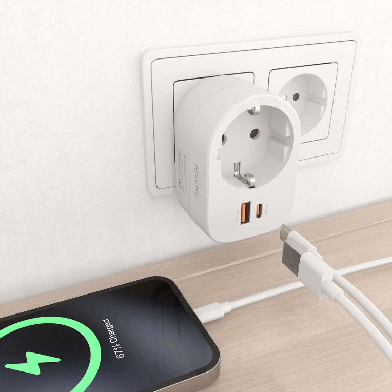 REGLETA PARED AISENS 1 TOMA USB-C 20W PD3.0 USB-A 20W QC3.0 BLANCO - detalle
