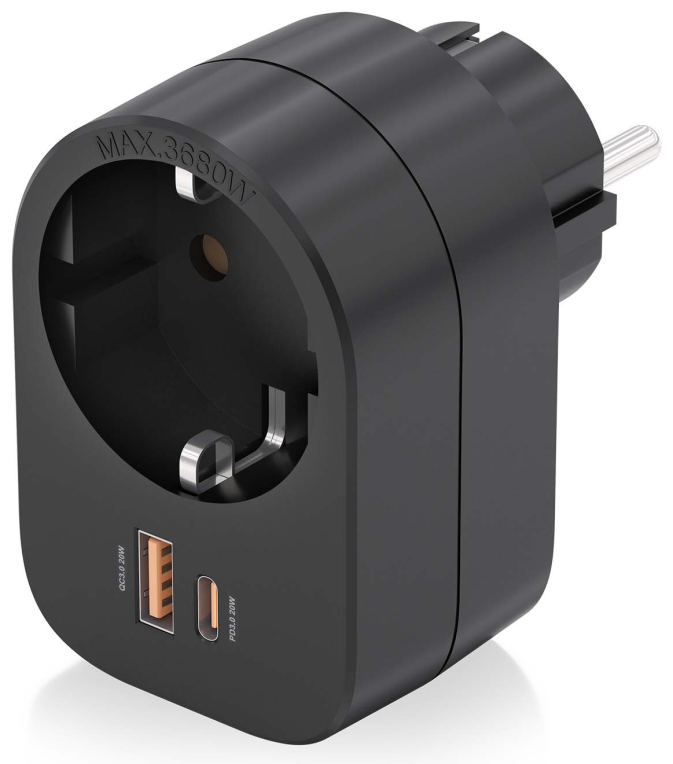 REGLETA PARED AISENS 1 TOMA USB-C 20W PD3.0 USB-A 20W QC3.0 NEGRO - detalle