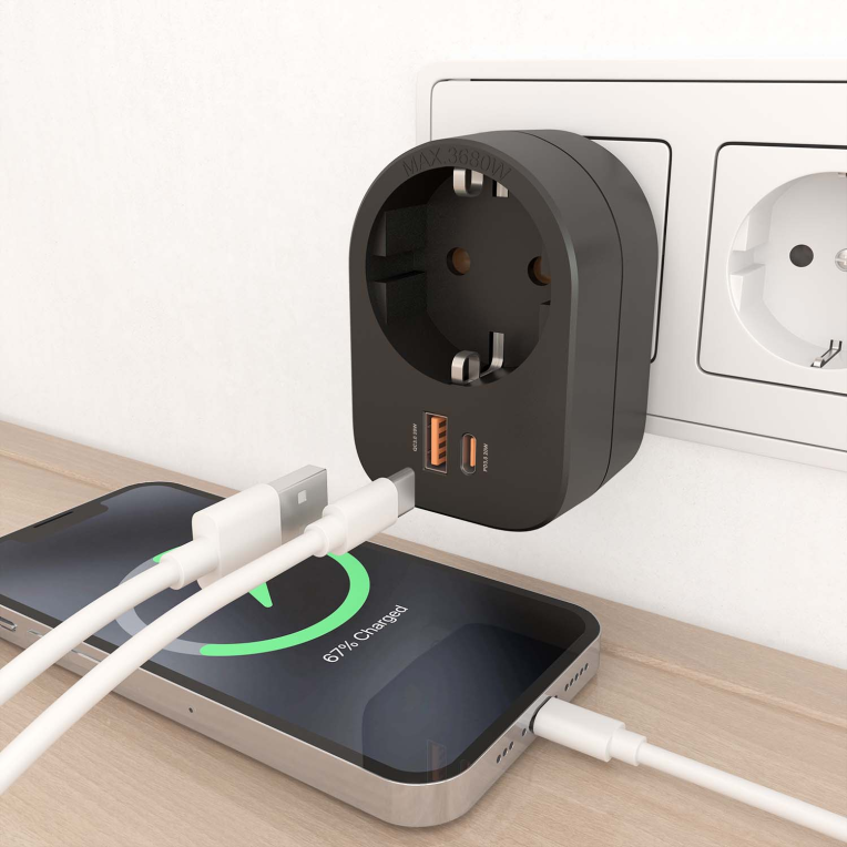 REGLETA PARED AISENS 1 TOMA USB-C 20W PD3.0 USB-A 20W QC3.0 NEGRO - detalle