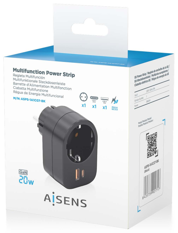 REGLETA PARED AISENS 1 TOMA USB-C 20W PD3.0 USB-A 20W QC3.0 NEGRO - detalle