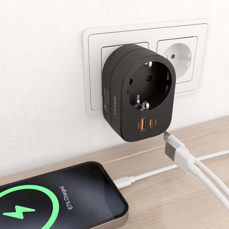 REGLETA PARED AISENS 1 TOMA USB-C 20W PD3.0 USB-A 20W QC3.0 NEGRO - detalle