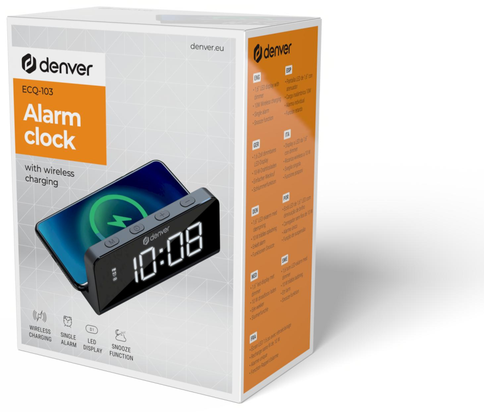 RELOJ DESPERTADOR DENVER CON CARGA INALAMBRICA PARA SMARTPHONES - detalle
