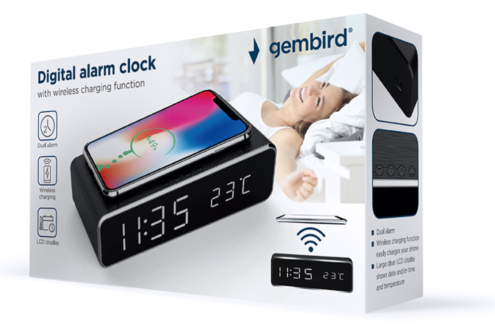 RELOJ DESPERTADOR GEMBIRD CON FUNCION DE CARGA INALMBRICA - detalle