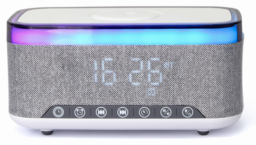 RELOJ DESPERTADOR GEMBIRD DIGITAL CON FUNCION DE CARGA INALAMBRICA BLANCO-GRIS - detalle