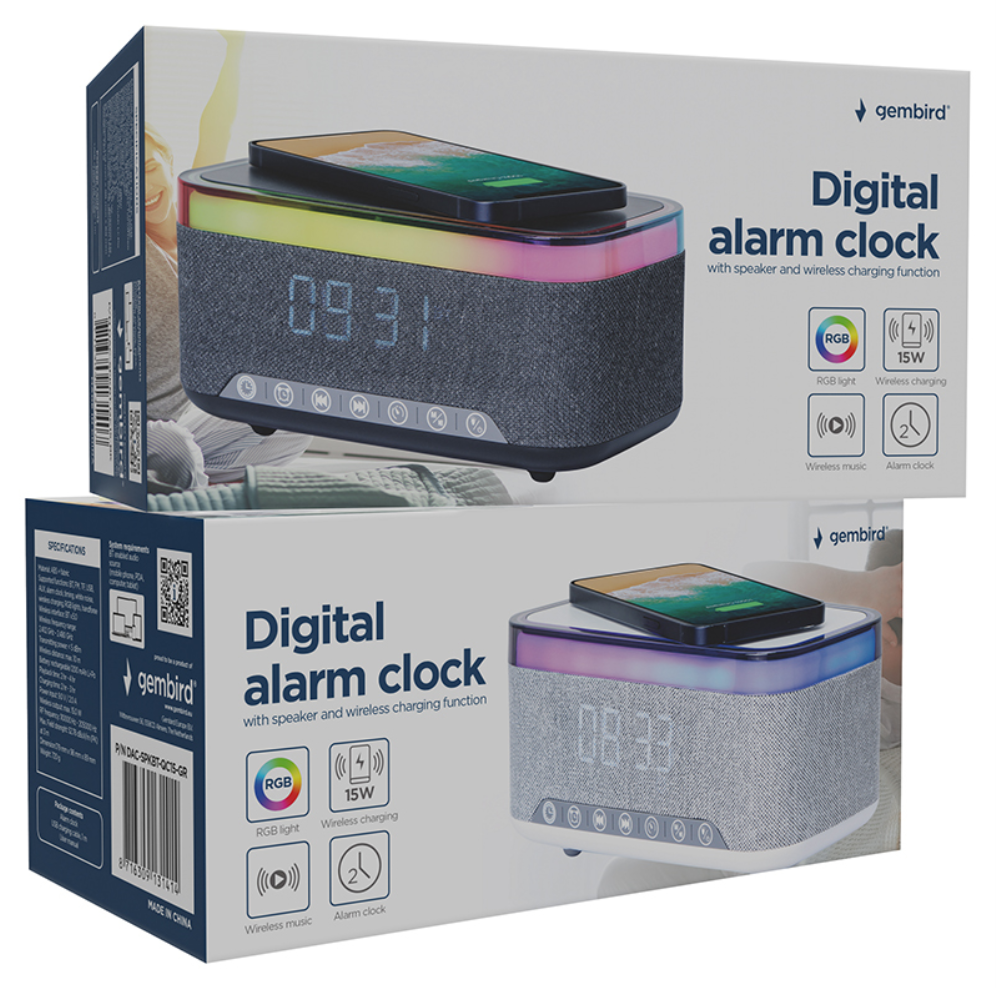 RELOJ DESPERTADOR GEMBIRD DIGITAL CON FUNCION DE CARGA INALAMBRICA NEGRO-GRIS - detalle