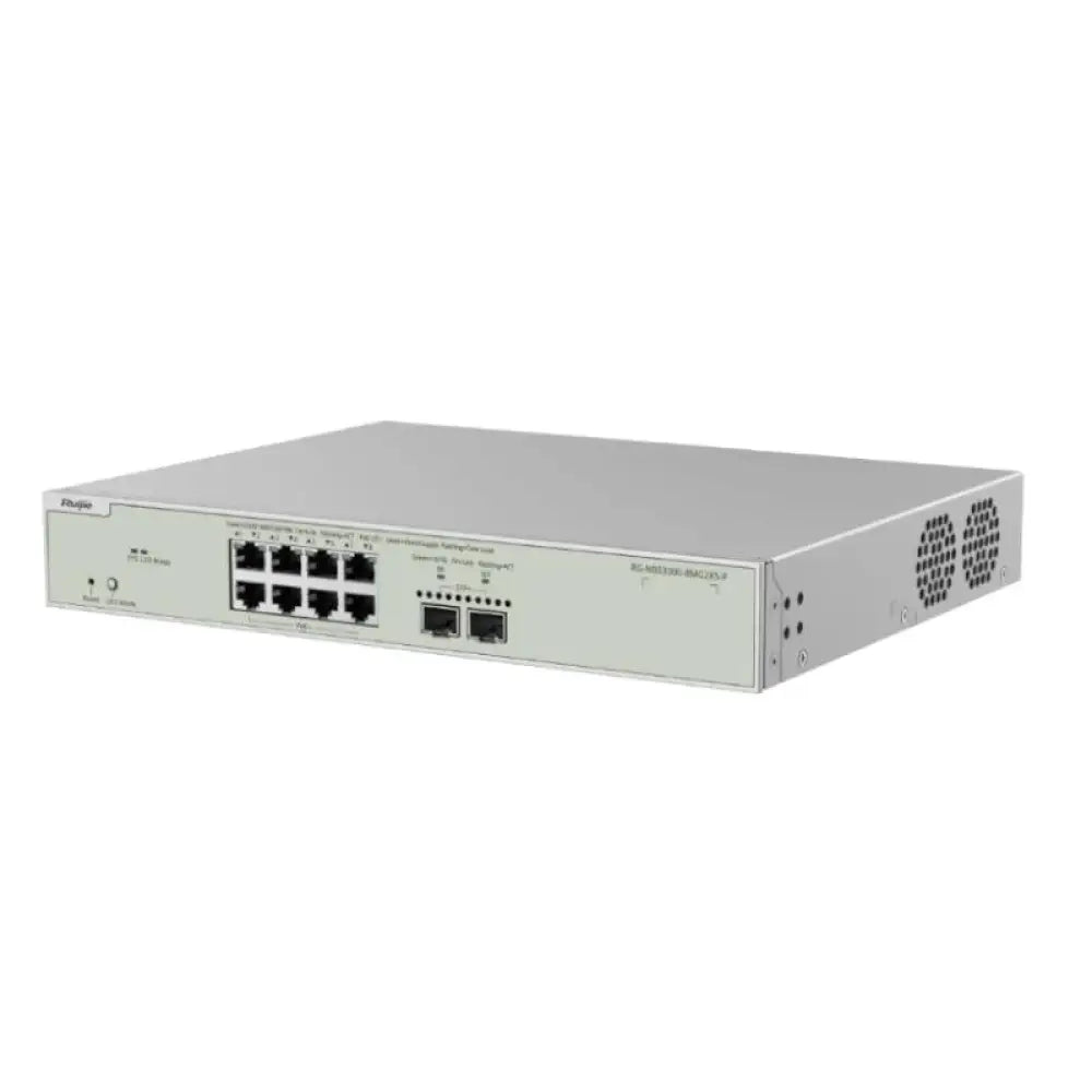 Interruptor de red en armario Reyee NBS3300-8MG2XS-P de RUIJIE NETWORKS con 8 puertos Gigabit, PoE, 2xSFP+ y 240W.