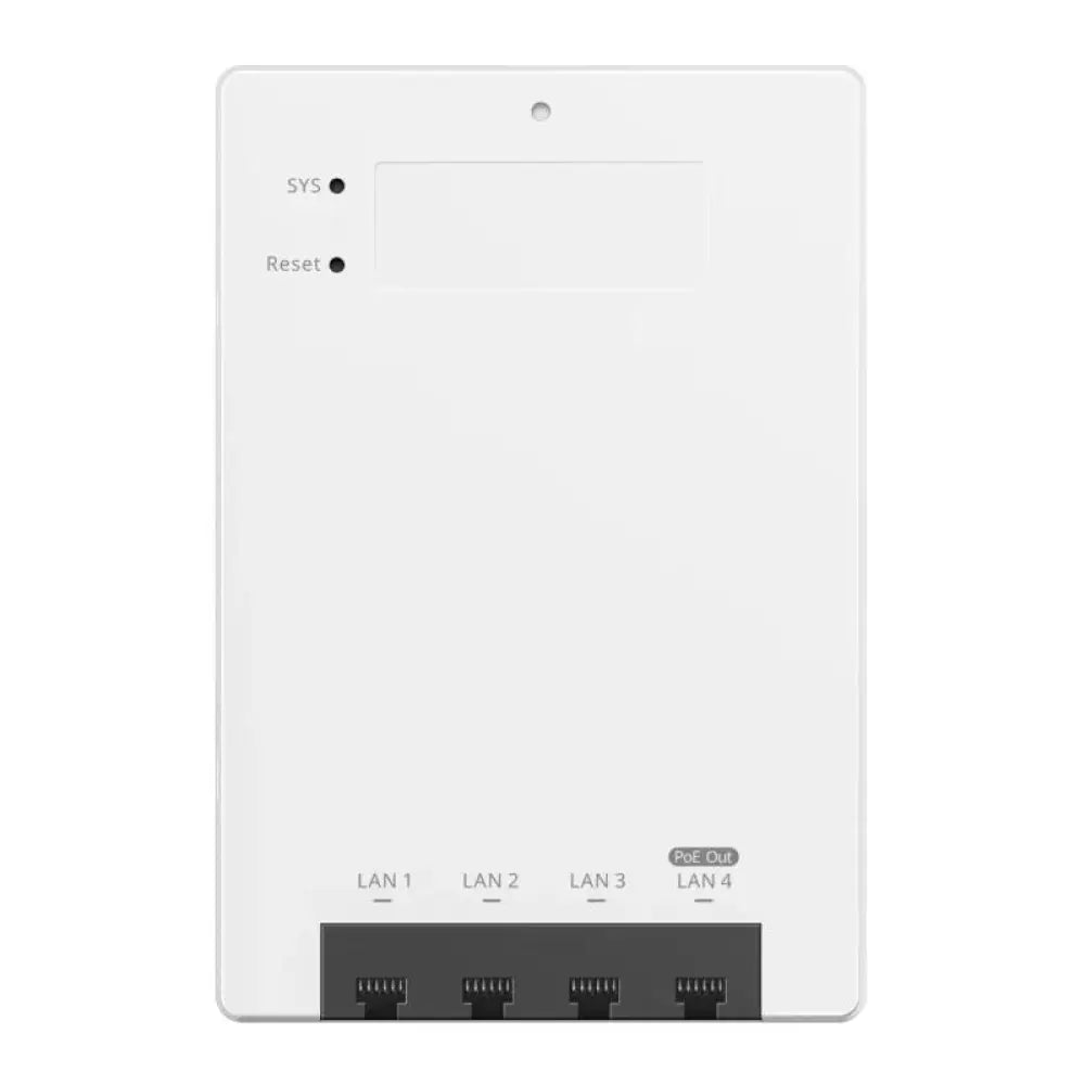 Punto de acceso WiFi 7 Reyee RAP72-Wall de RUIJIE NETWORKS, con puertos Ethernet de 2,5 Gb y 4 Gb en pared.